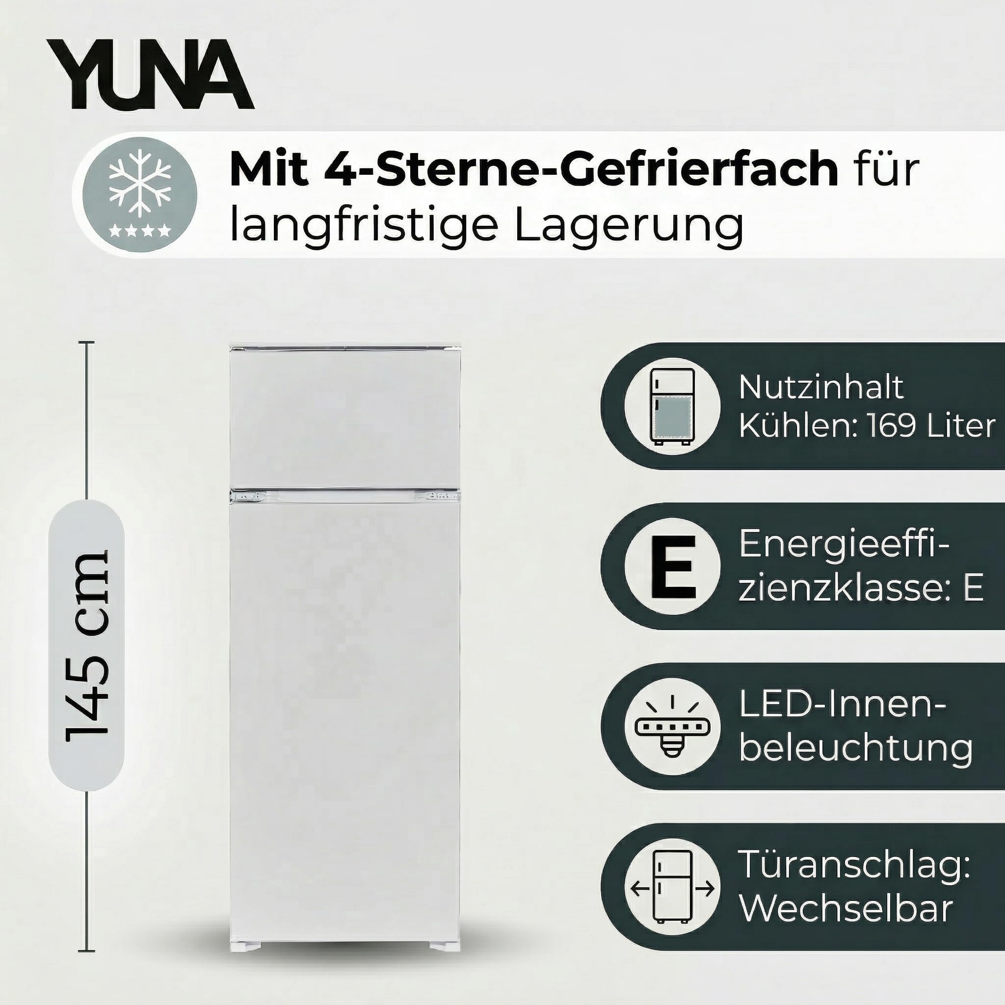YUNA Einbau Kühlschrank Fedora EKG225E 205L Kühl- / Gefrierkombi LED Schlepptür