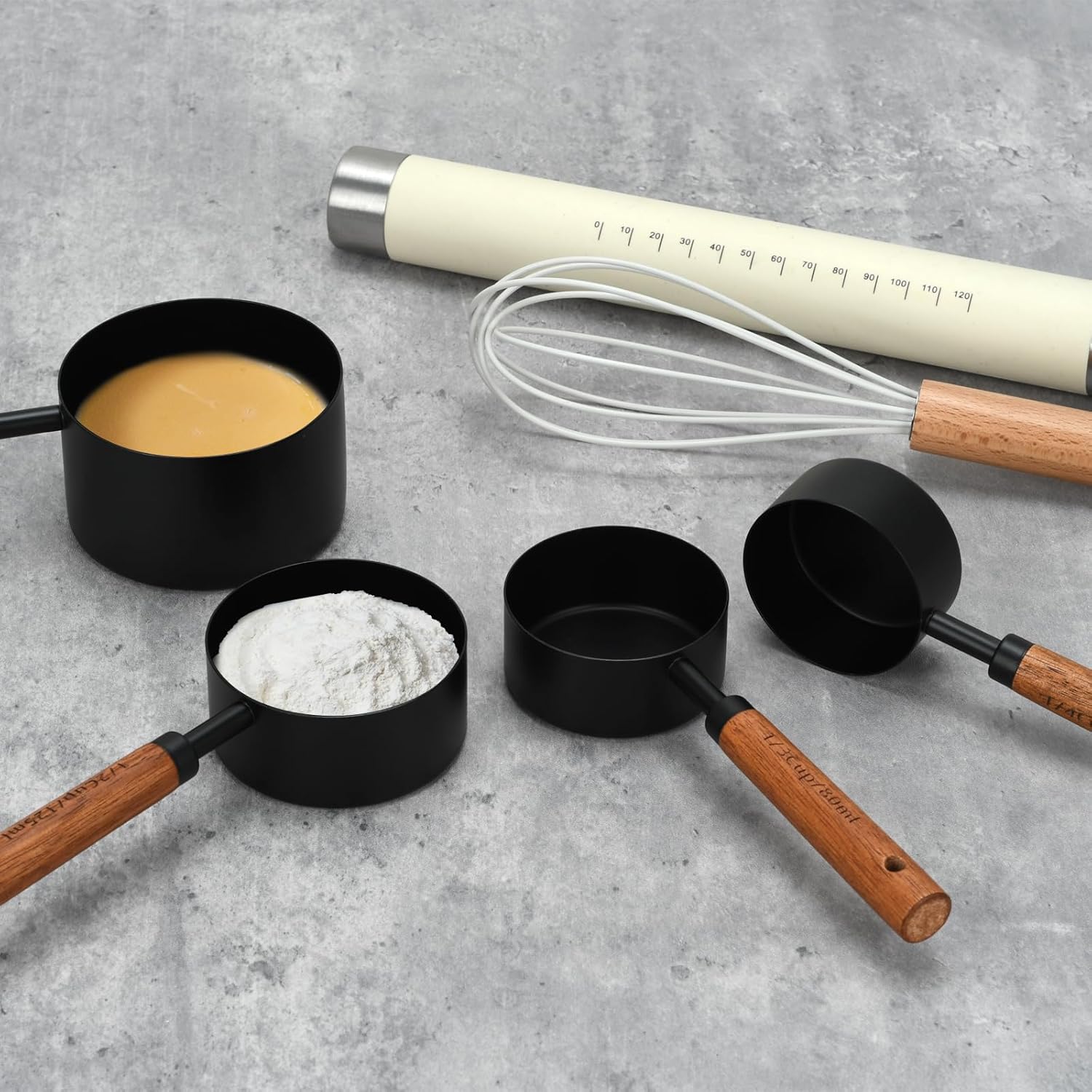 Black Measuring Cups and Spoons Set, Measuring Spoons and Measuring Cup Set for Cooking & Baking with Wood Handle