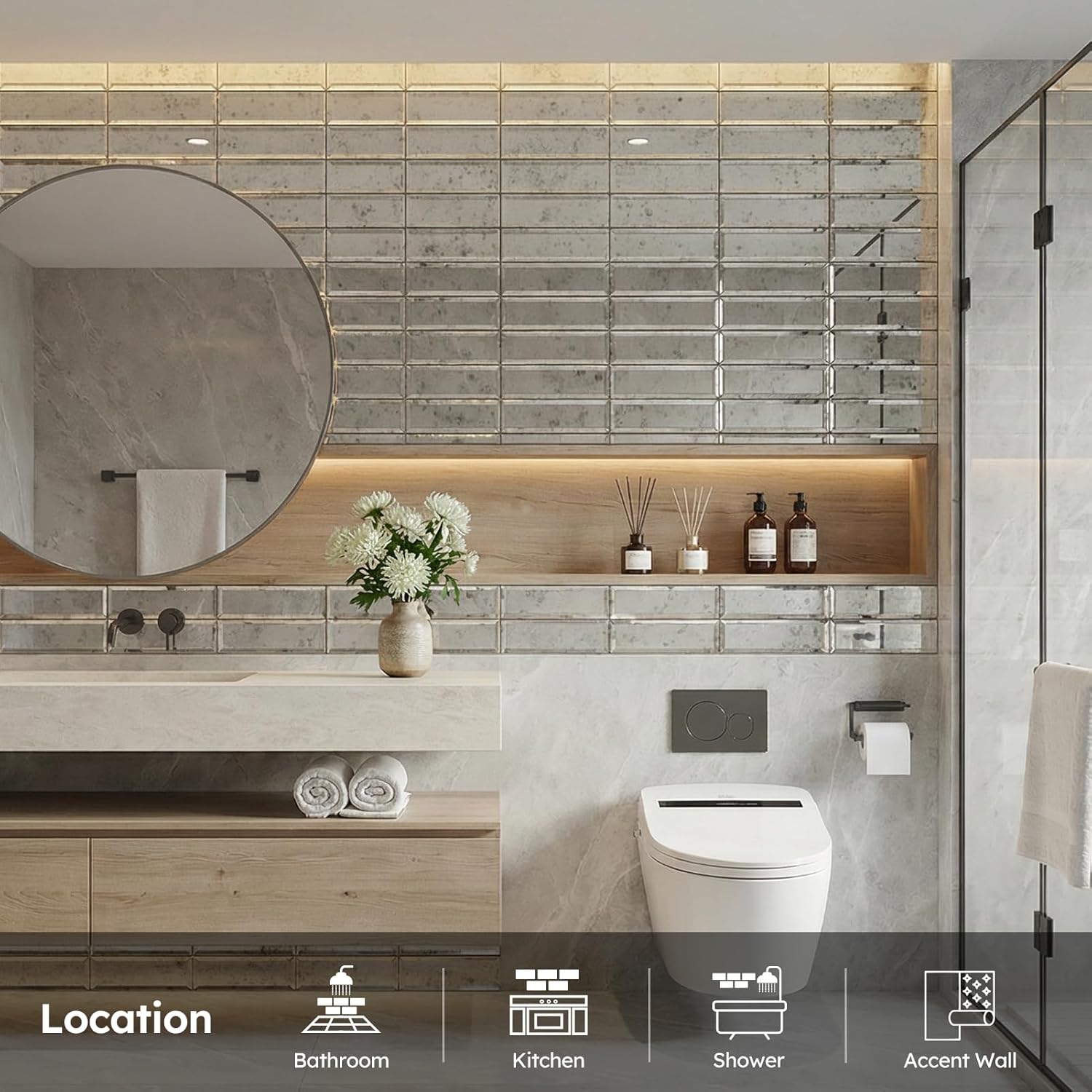 Diflart Beveled Mirror Backsplash Tiles for Kitchen, Light Antique Suuway, 3x10 Inch, Mirror TIile for Bathroom Accent Wall, Pack of 5 Sq.ft