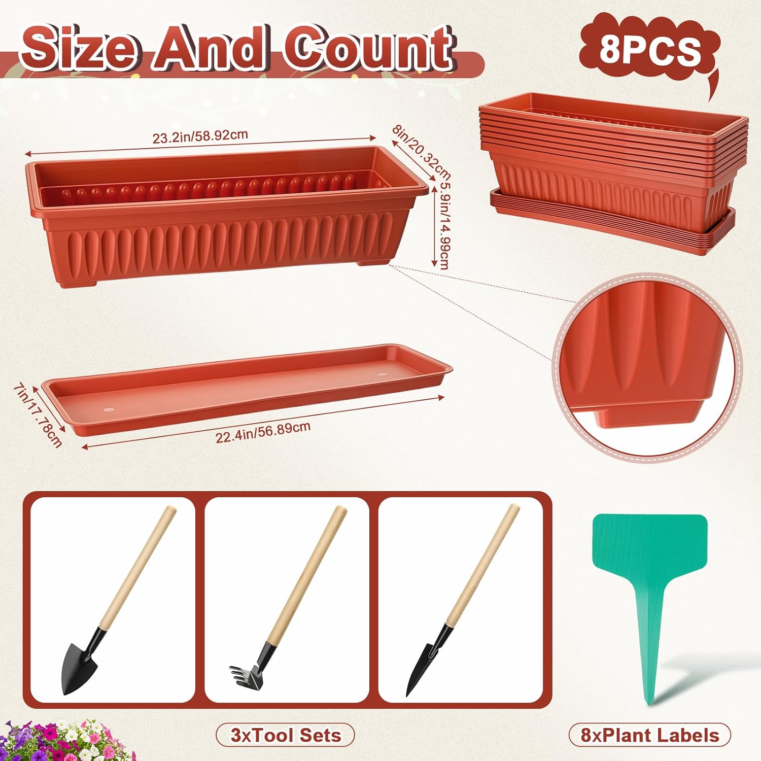 8 Pack 23 Inch Window Flower Boxes Large Window Planter Box with Drainage Tray Outdoor Long Rectangle Plastic Planter for Garden Balcony Fence Windowsill Patio, with Plant Labels and Shovel