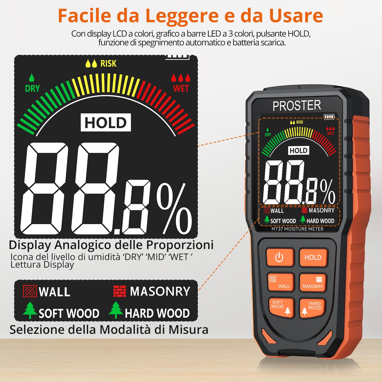 Proster Misuratore di Umidità Digitale da Parete Rricaricabile Rilevatori di Umidità Muri Igrometro Professionale Senza Ago con LCD a Colori e Allarme Acustico Muro Muratura Legno Tenero e Duro