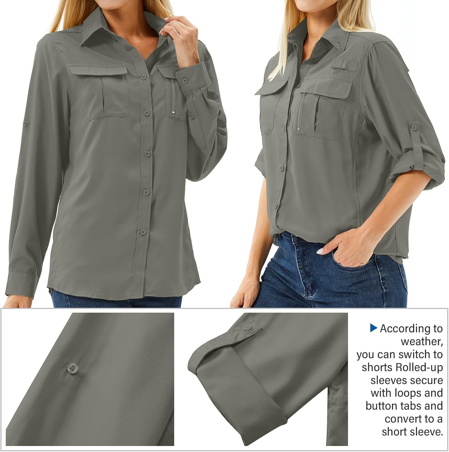 Women's UPF 50 Long Sleeve Sun Protection Shirts Safari Fishing Hiking - Image 3