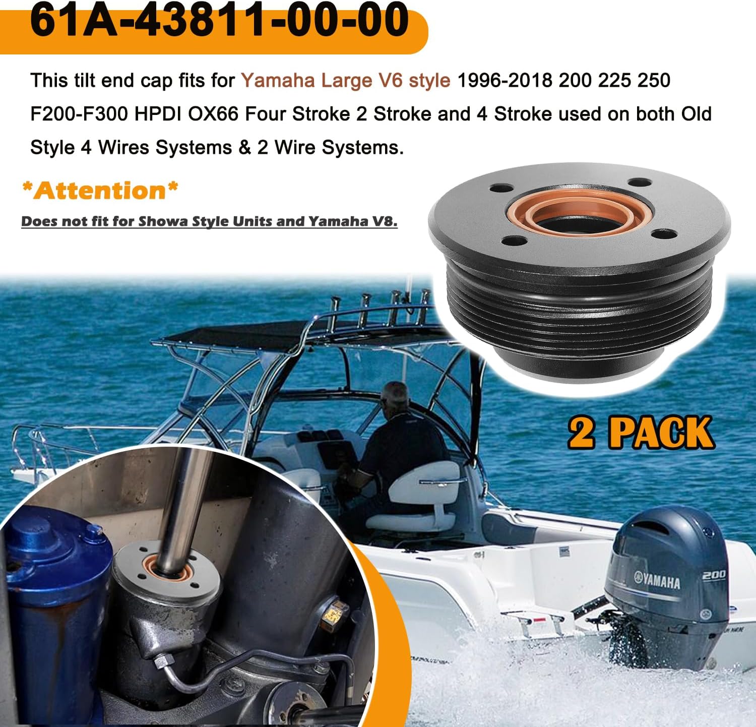 Replace for 61A-43811-00-00 Tilt Cap/Gland with Seals Fit for Yamaha 200-225-250-300 HP V6 3.3L End Cap Tilt Cylinder