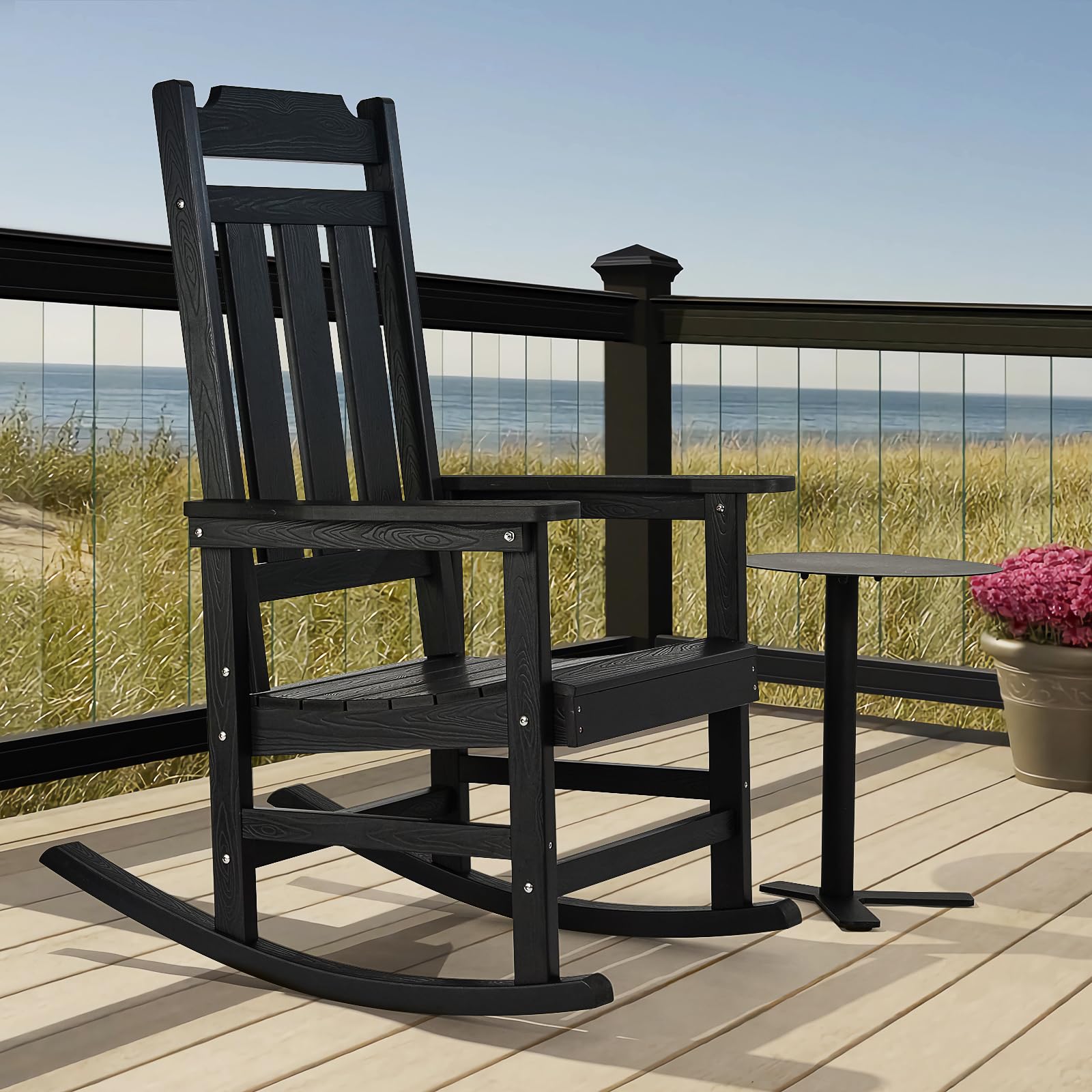 VEVOR Mecedora de Porche Hips de 87 x 71 x 110 cm para Exteriores, Mecedora al Aire Libre con Respaldo Alto, Reposabrazos Suaves, Capacidad de Peso de 181,44 kg para Jardín, Balcón, Porche, Negro