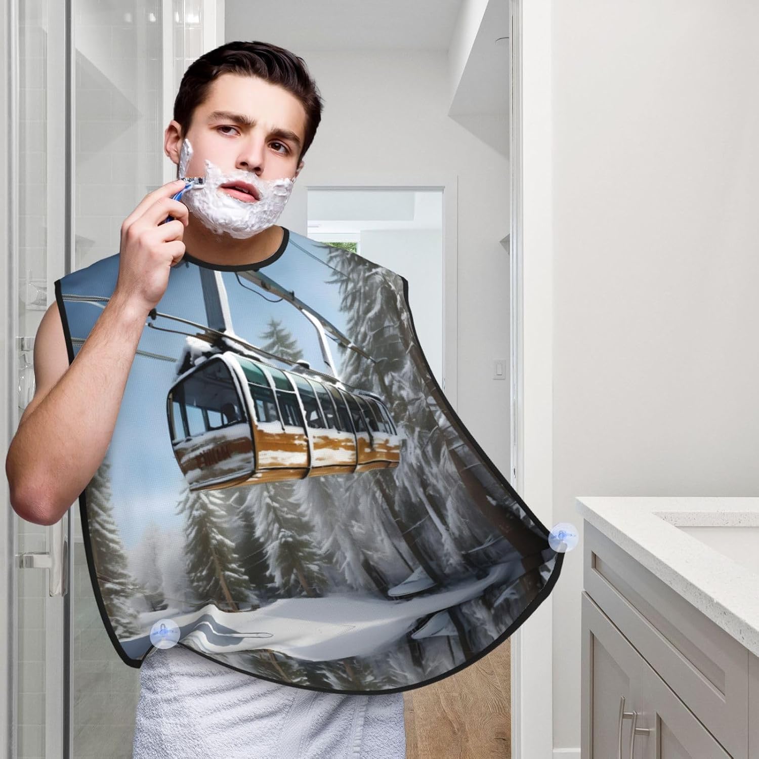 Winter Cable Ski Lift Print Beard Bib Apron For Men, Beard Hair Catcher For Men Shaving Trimming,Beard Cape Cloth