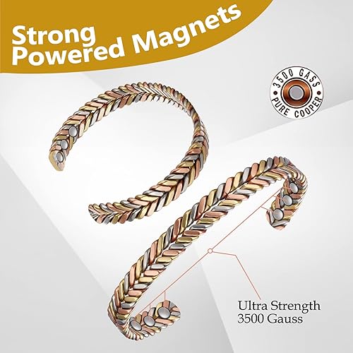 Miniatura 6 de Feraco Pulsera de cobre puro para mujer, pulsera magnética ultra fuerte con imanes de neodimio, 99.99% regalo de joyería de cobre, trenzado tricolor