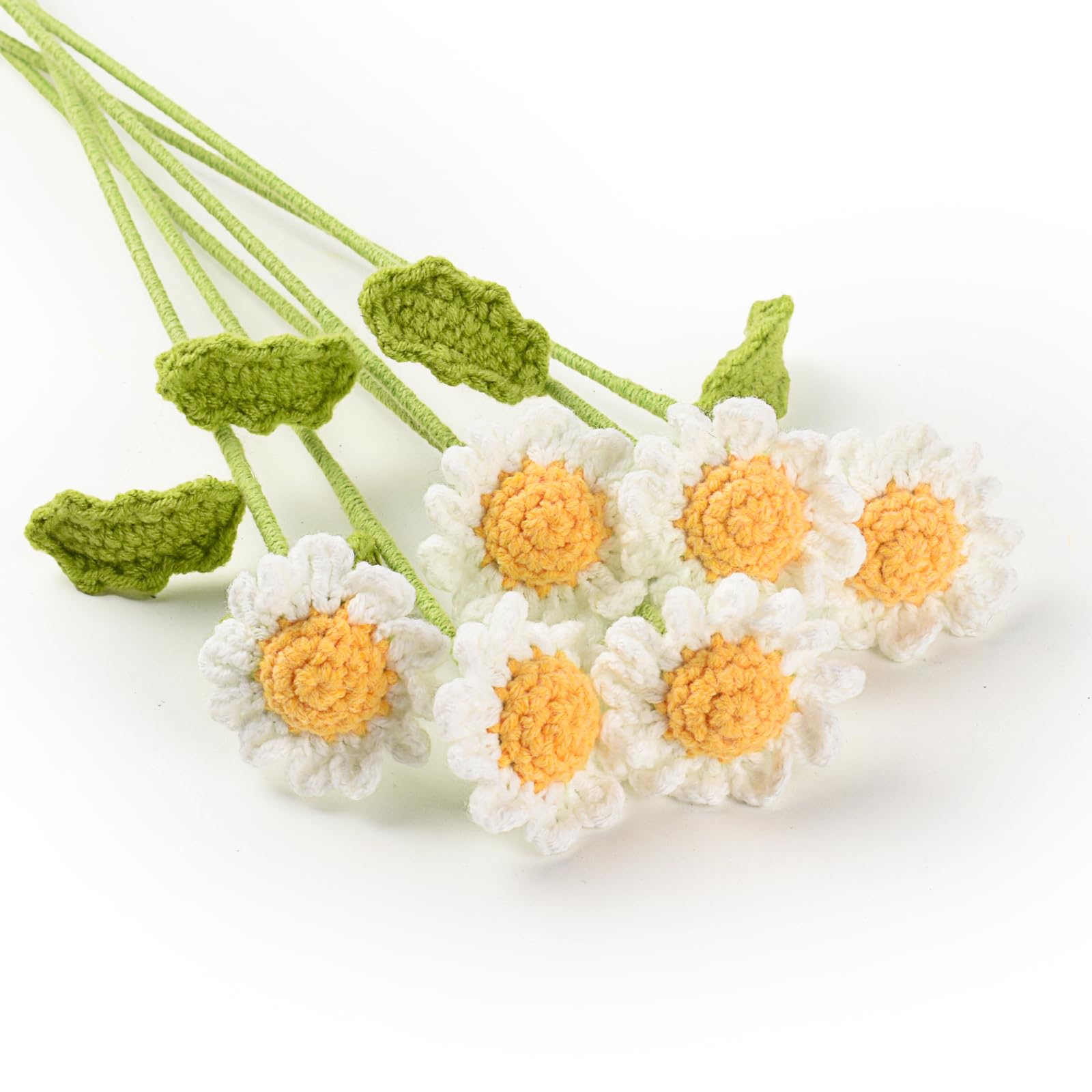 HUIANER 6PCS Crochet Daisy Flower 16.5Inch Knitted Handmade Daisy Flowers Cotton Knitted Flowers for Indoor Outdoor Home Kitchen Office Table Garden Decorations (White)