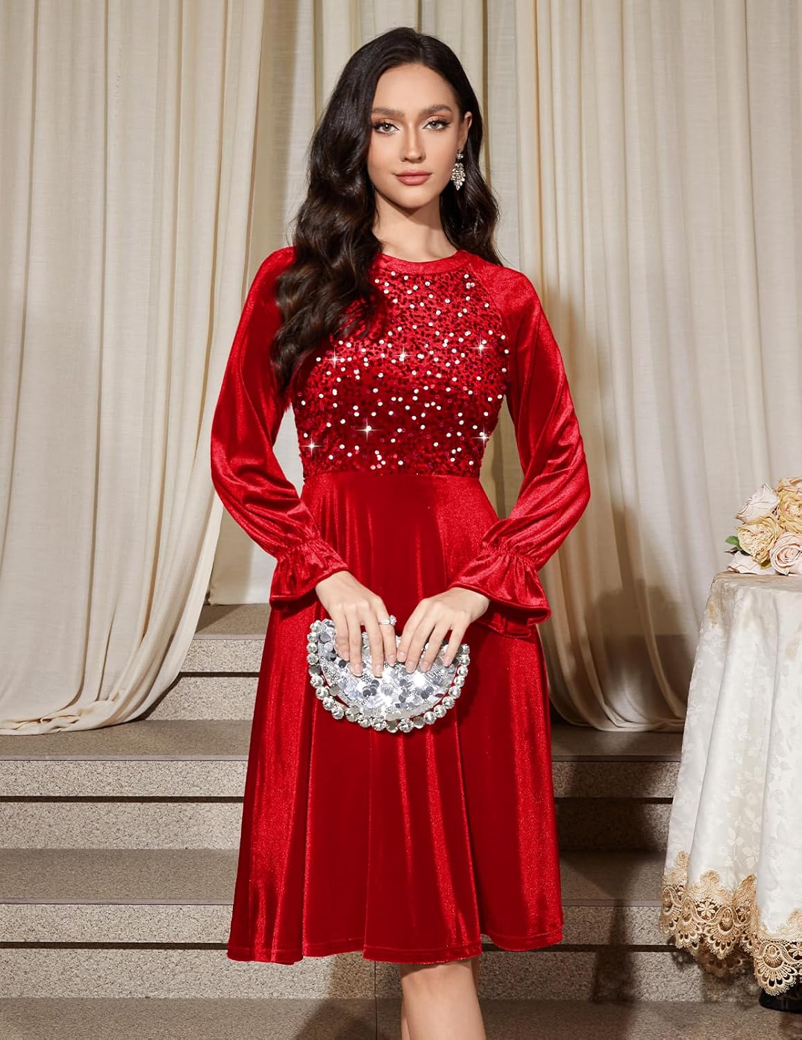 Bbonlinedress Velvet Sequin Cocktail Long Sleeve Dress for Women Velvet Vintage Wedding Guest Midi Dress - Image 5