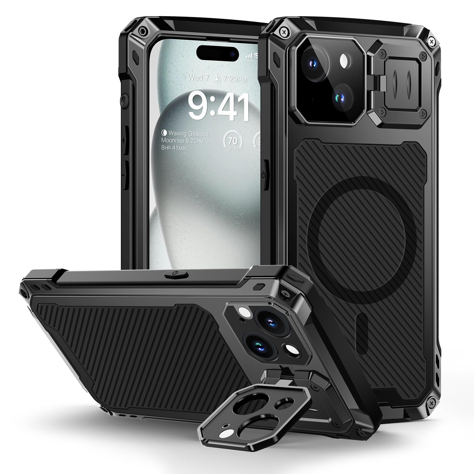 Coque iPhone 15 rigide et métal Lanhiem noire blindage premium robuste