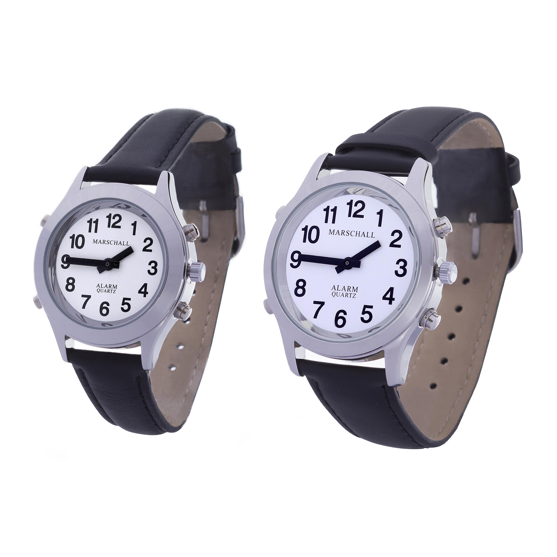 Marschall Deutsch sprechende Herren Armbanduhr I H-SL I Für Blinde, Senioren und Sehbehinderte I Komplette Datumsansage I Extra große Zeiger I Silberfarben mit Lederarmband