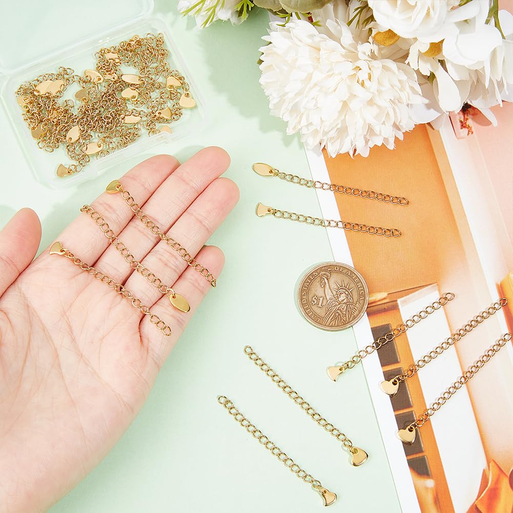 UNICRAFTALE About 30 Pcs 3 Styles Curb Chain Extension Stainless Steel Chain Extension 58~68mm End Chains with Heart Oval Charms Golden Chains Bracelet Necklace Extension Chains for Summer Gifts - Image 4