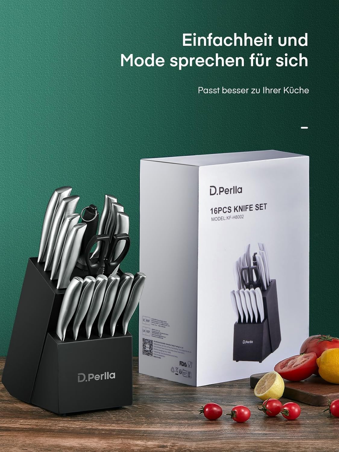 D.Perlla Messerblock, Profi Messer Set 16-TLG, Extra Scharf & Ergonomischen Messerblock Messer Set, Nehmen Sie Nahtlose Schmiedetechnologie an, Edelstahl Kochmesser Set mit Holzblock, Schwarz