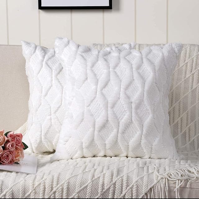 Throw Pillow Covers 45x45, Set of 2 White Decorative Pillow Case Cushion Cover with Velvet Luxury Soft Plush Short Wool for Couch Sofa Bedroom Car