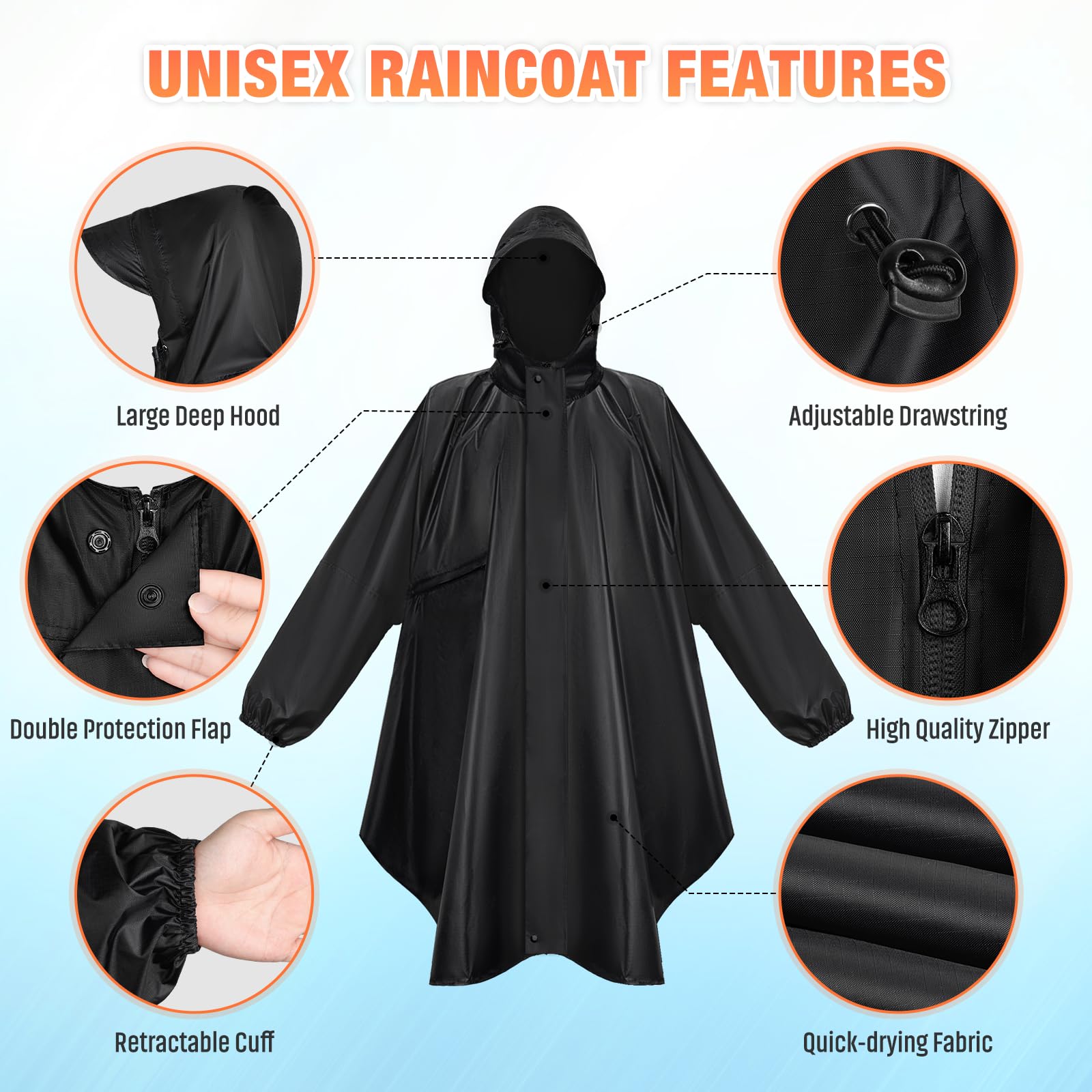 LUROON Poncho Pluie Imperméable avec Capuche Cape de Pluie Pliable avec Poches Bandes Réfléchissantes, Poncho Imperméable Unisexe Poncho Pluie Réutilisable,Cape de Pluie pour Randonnée Voyage Cyclisme