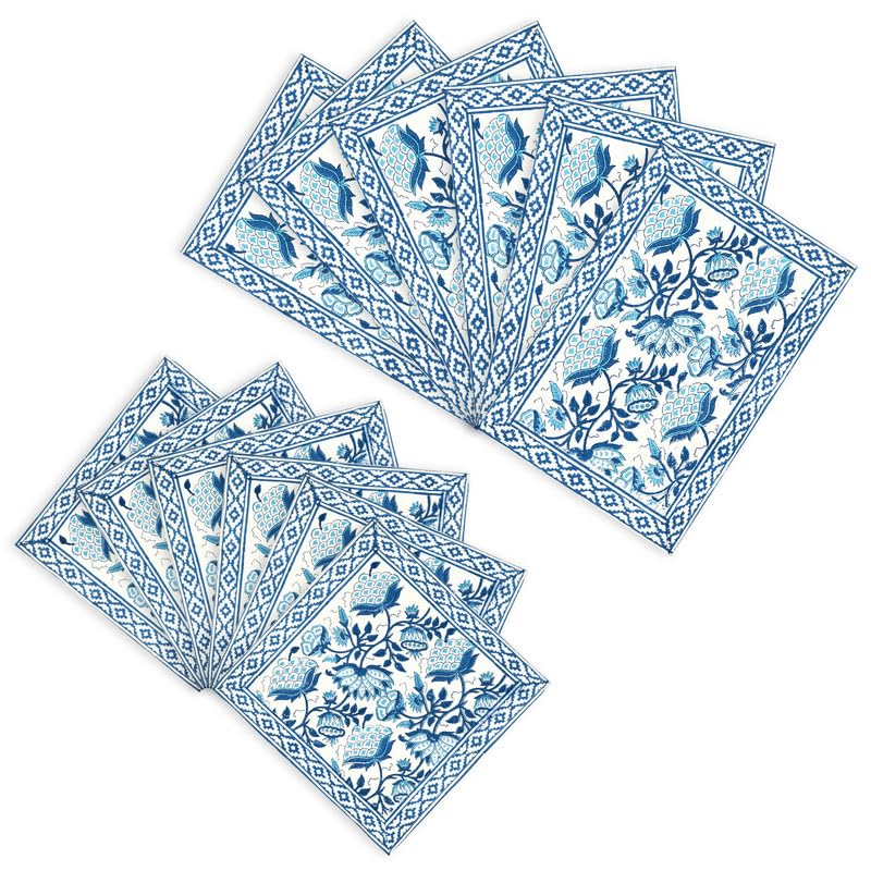 Image of BLOCKS OF INDIA Hand Block Printed Cotton Table Runner, Mat and Napkin Set for Center /Dining Table (Blue JAAL), 13 pc Set