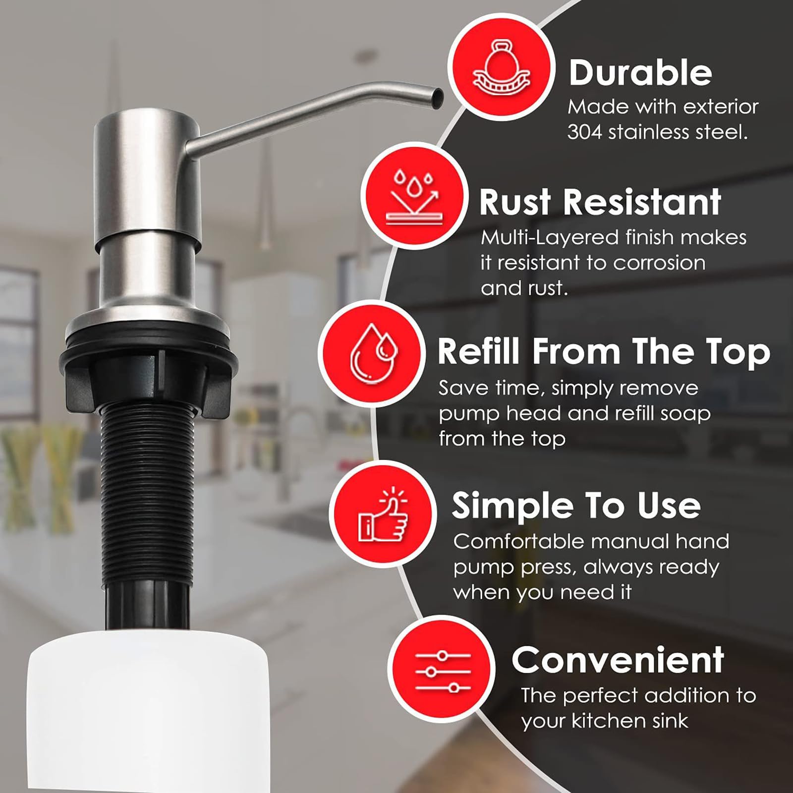 Maizoon Stainless Steel Soap Dispenser for Kitchen Sink with Long Nozzle Durable and 500ML/17OZ Large Capacity Bottle Suitable for Bathroom Brushed Silver - Image 3