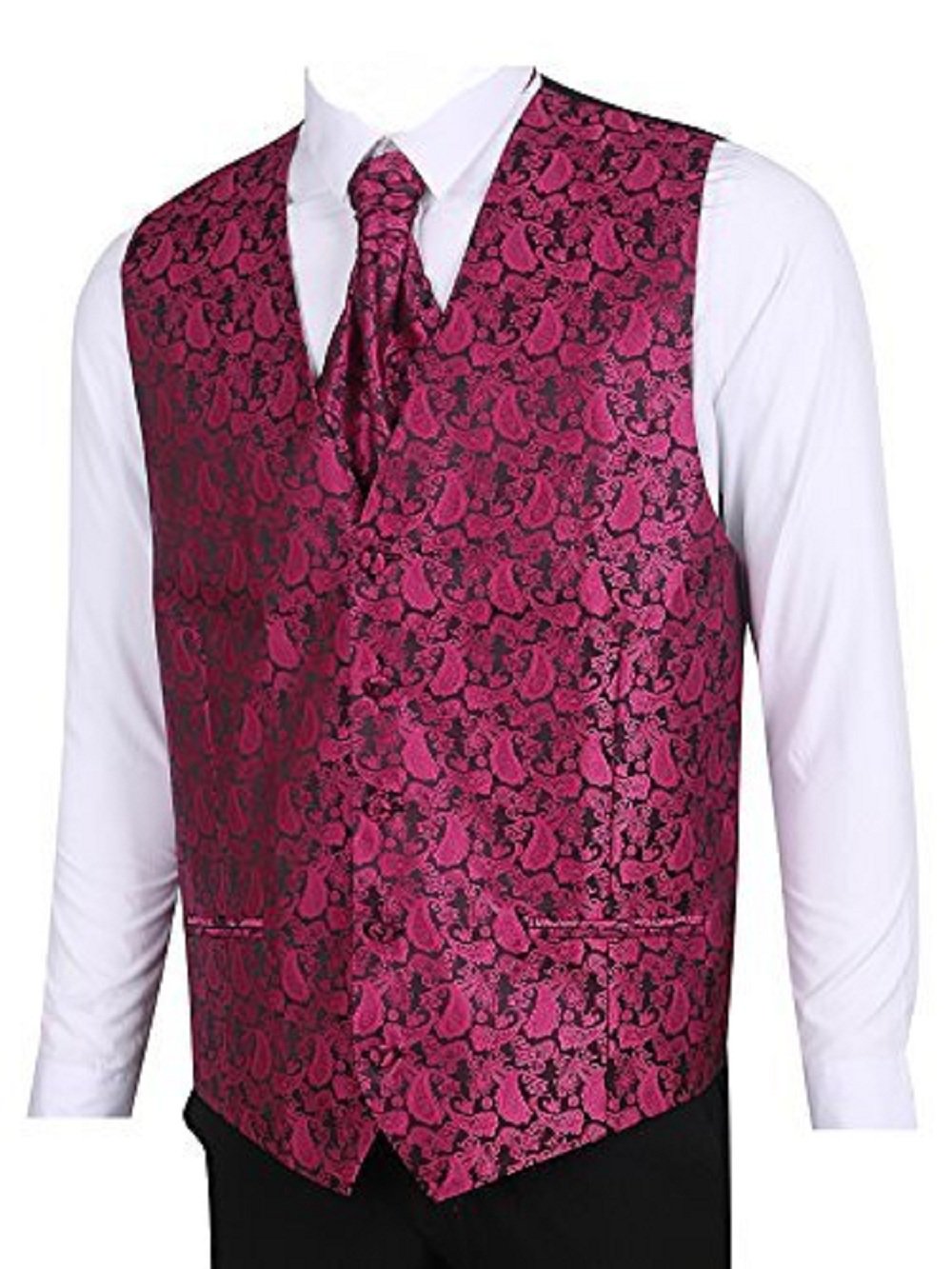 L&L® Men's Paisley Waistcoat Vest and Cravat Pocket Square Set for Suit UK Christmas (Chest 42'' XXL, Hot Pink)