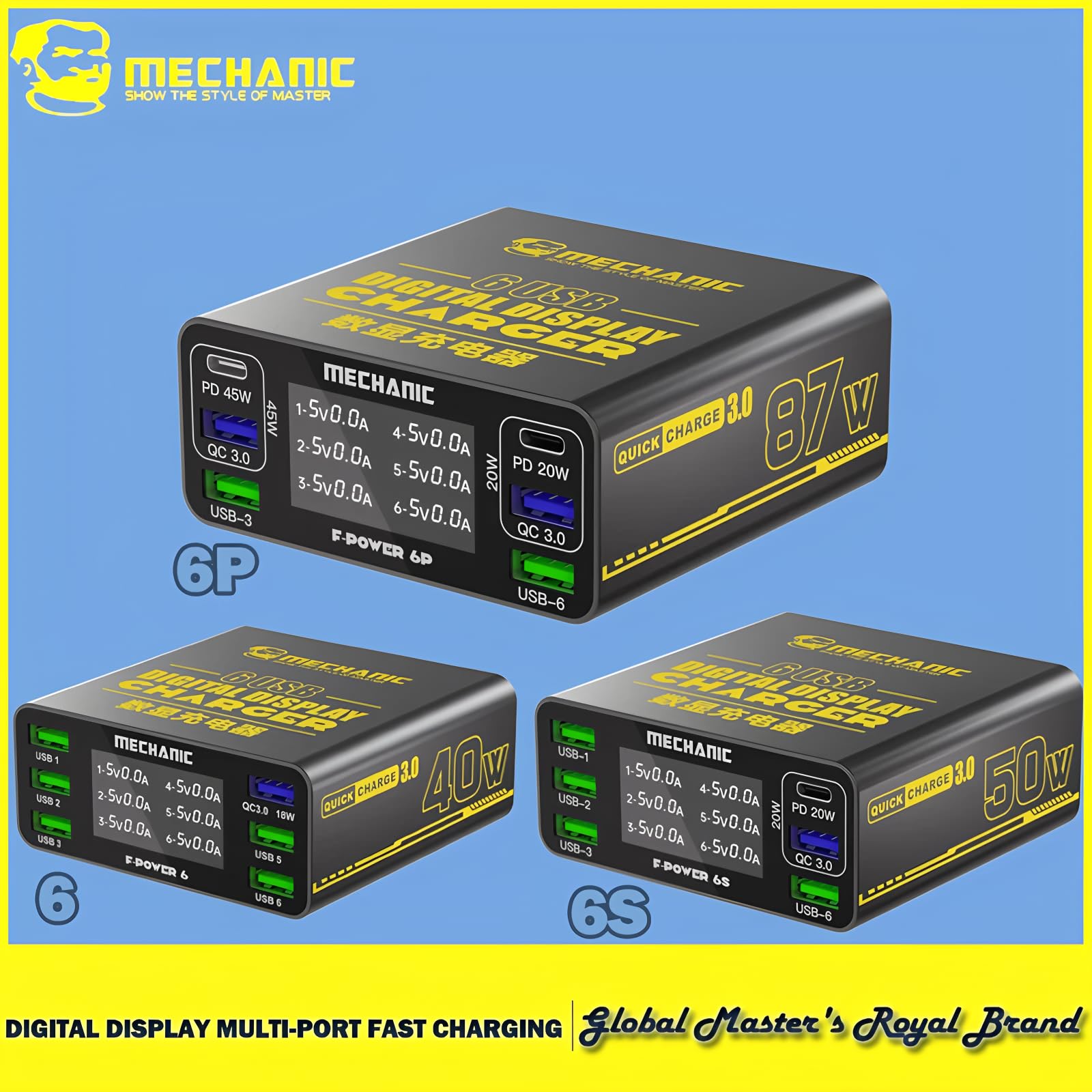 Cargador Multi-Puerto con Pantalla Digital MECHANIC F-Power 6P/6s/6 40W-87W QC PD Carga Rápida Cargador de Alta Potencia para Reparación de Teléfonos (6P 87w)