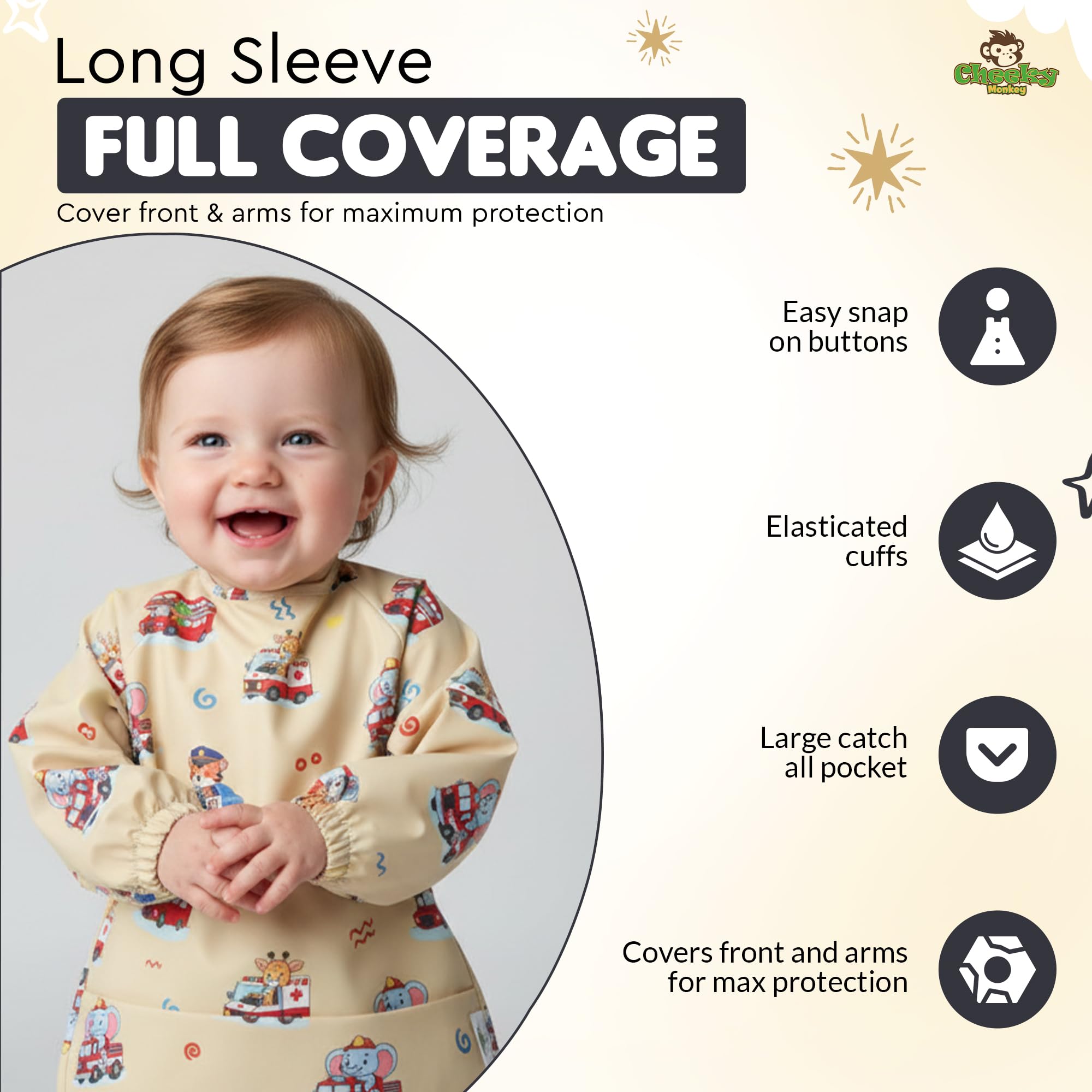 Cheeky Monkey Baby Bibs with Sleeves Waterproof, Yellow - Image 2