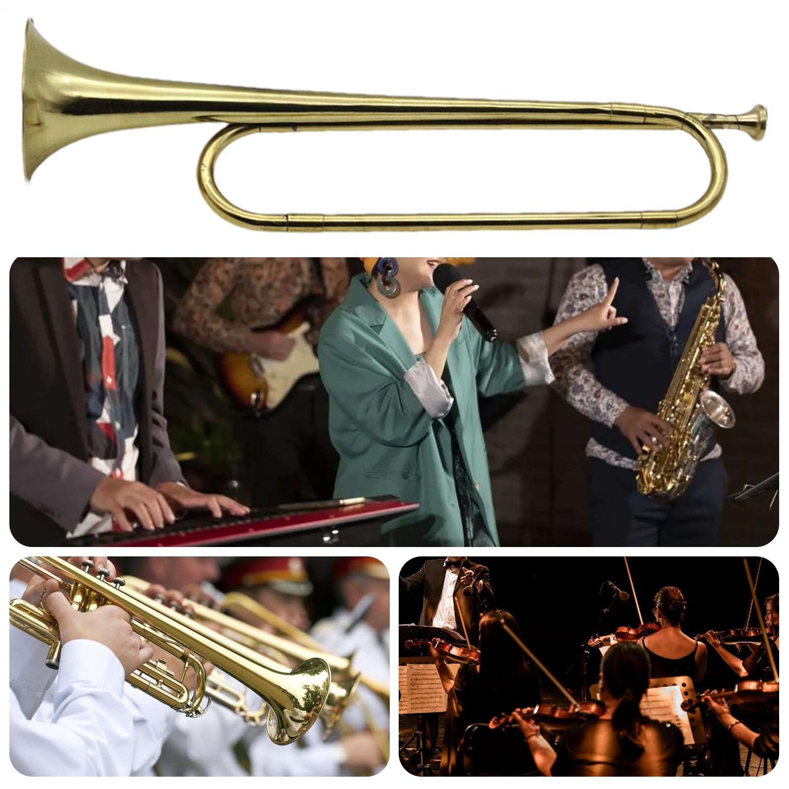 Trompete – vergoldet 47 x 11 cm | flaches Kavallerie-Horn B, Musikinstrument aus, Retro-Trompete Standard für Schulorchester, Kavallerieorchester, Fanfare