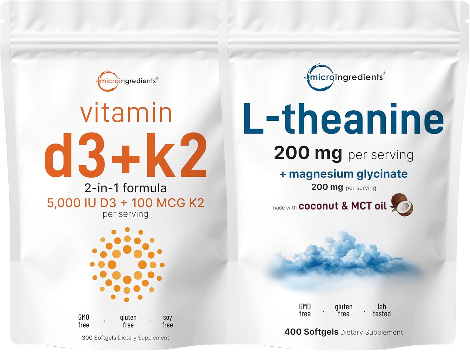 Micro Ingredients Vitamin D3 5,000iu + K2 100mcg Softgels & L-Theanine 200mg with Magnesium Glycinate Bundle 2 Pack | Essential Sunshine Vitamins | Amino Acid & Mineral Complex