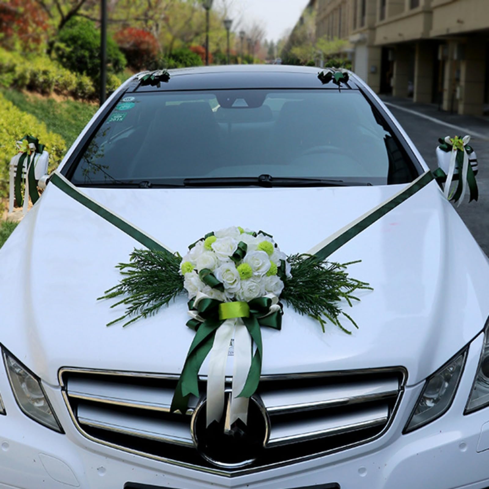 12 Stück Set Hochzeit Autoschmuck, Hochzeit Autoschleifen mit Saugnäpfen, Rückspiegel Türgriff Motorhaube Künstliche Blume für Hochzeit Empfang Zeremonie (Grün)