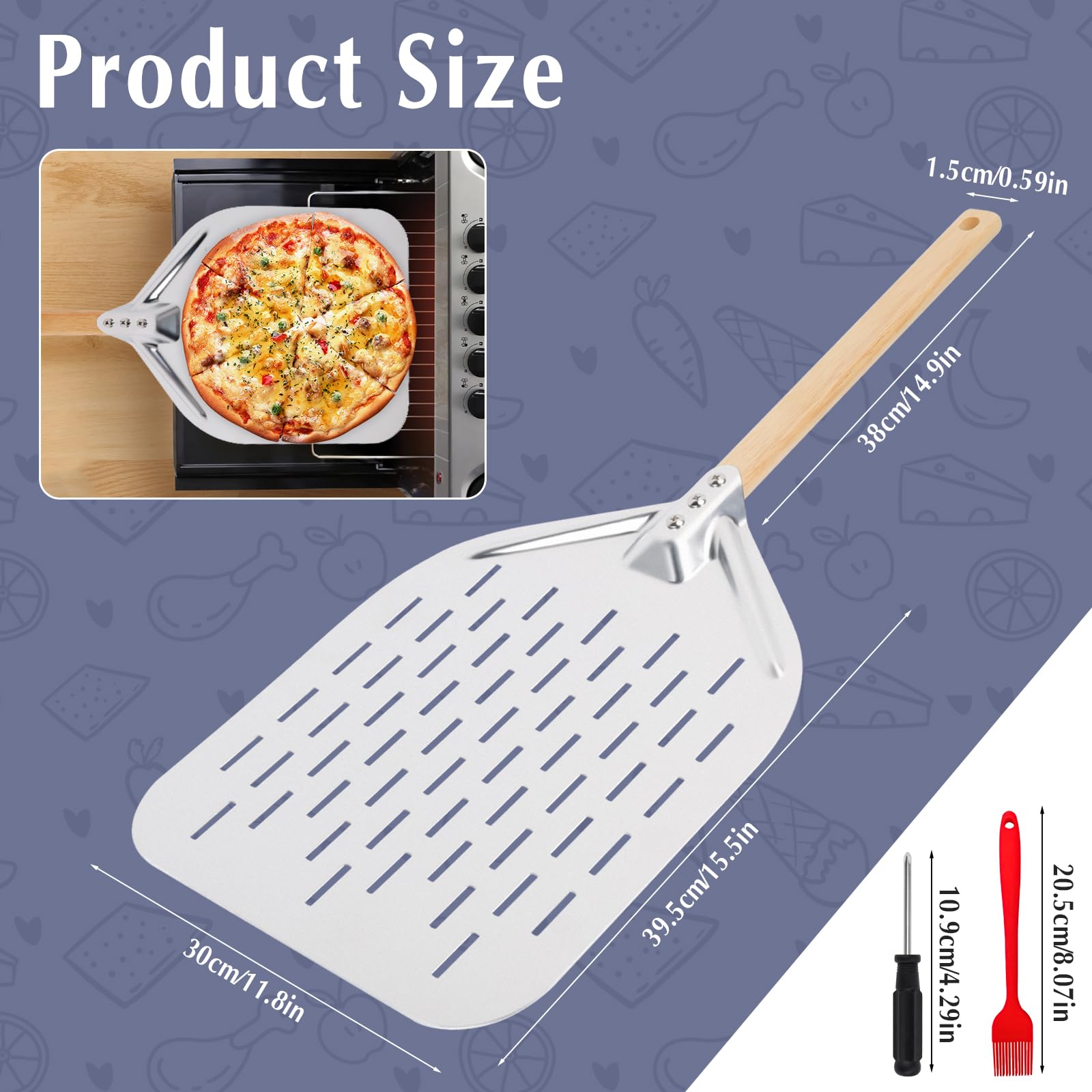 Pelle à Pizza en Aluminium 40 x 30 cm, Planche à Pizza avec Pinceau à Huile, Manche en Bois Amovible 38 cm, Pelle à Pizza en Métal Robuste pour Pâtisseries, Pâte, Pain, Gâteau