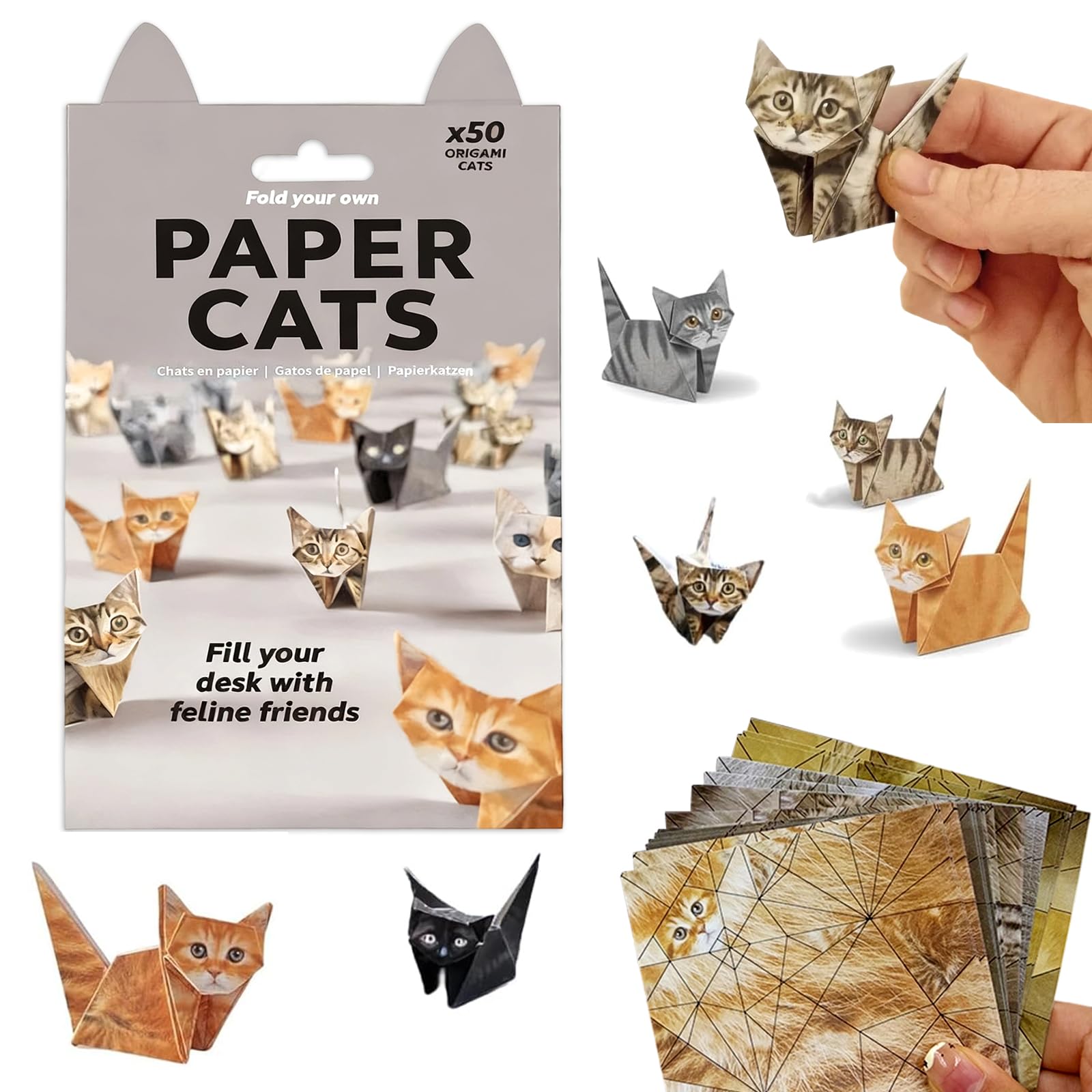 3D Origami Kit, 50pcs Paper Cats Origami Kit, DIY Creative Origami Animal Kit, Fold Your Own Paper Cats, Origami Animal Shaped Decoration Kit, Desk Decoration Origami Set for Adults Kids (Cat)
