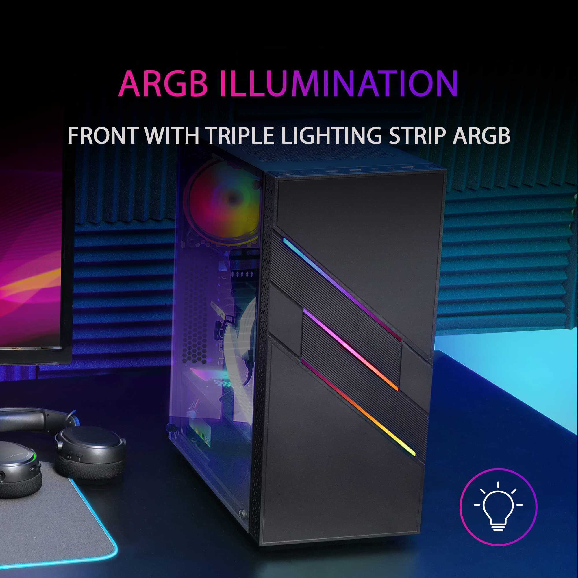 Mars Gaming MC-U3 Nero, Case PC Gaming ATX XL, Frontale Triplo ARGB, Ventola ARGB 12 cm, Finestra Vetro Temperato