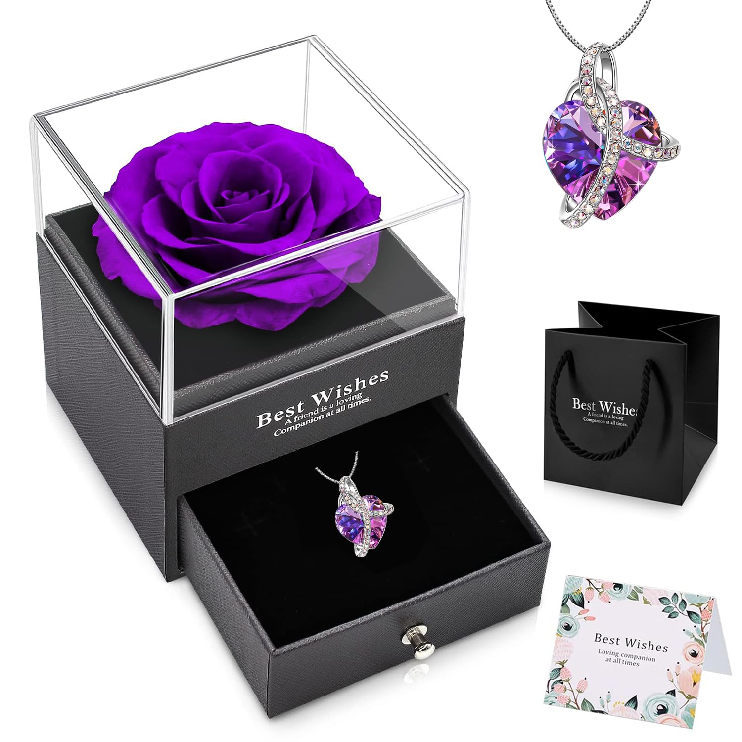 Rose éternelle préservée sous cloche avec collier à la main femme