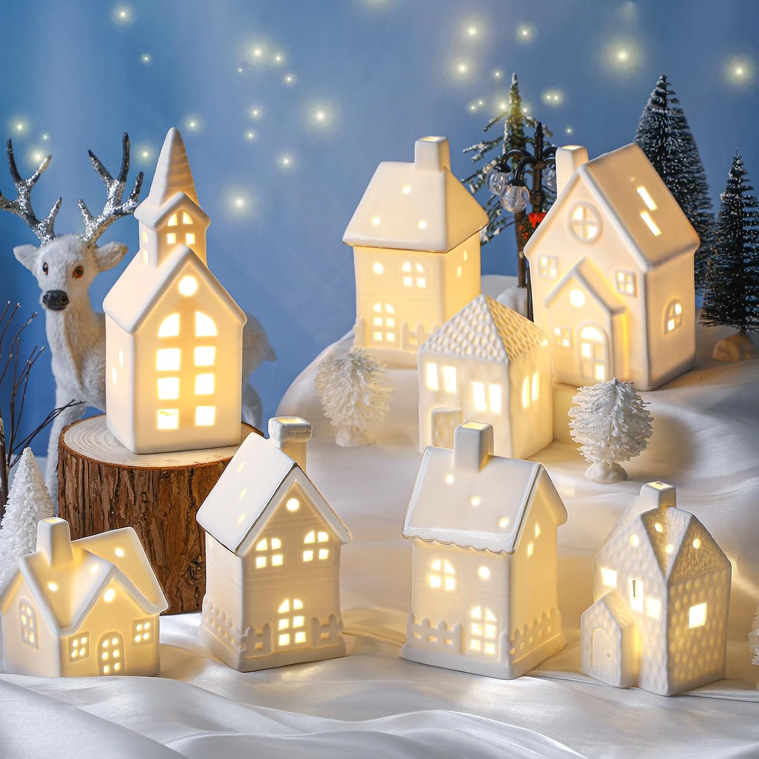 Wesiti 28 Christmas Village Set with 8 LED White Village Houses, Classic