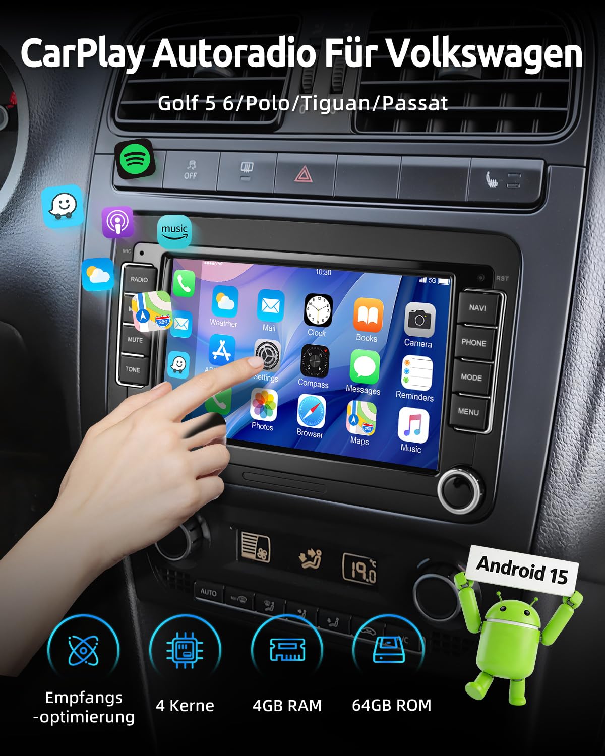 ESSGOO 4+64G Android 15 Wireless CarPlay Android Auto Autoradio Für VW Golf MK5 MK6 Polo Caddy Passat Seat RCD330 RCD360,Bluetooth Radio mit 7 Zoll Touch Screen FM RDS GPS Navi WiFi + AHD Kamera