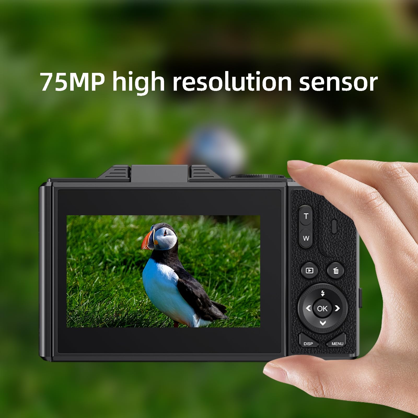 EMEBAY Fotocamera Digitale, Compatta 5K 75MP con scheda da 64 GB | Fotocamere selfie per fotografia, zoom 18X/videocamera Vlog/schermo flip da 3 pollici/anti-shake, videocamera
