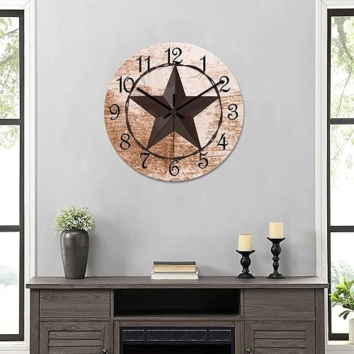 Miniatura 6 de Reloj de pared redondo de estilo clásico con estrella de Texas occidental, reloj de madera, silencioso, sin tictac, funciona con pilas, con números