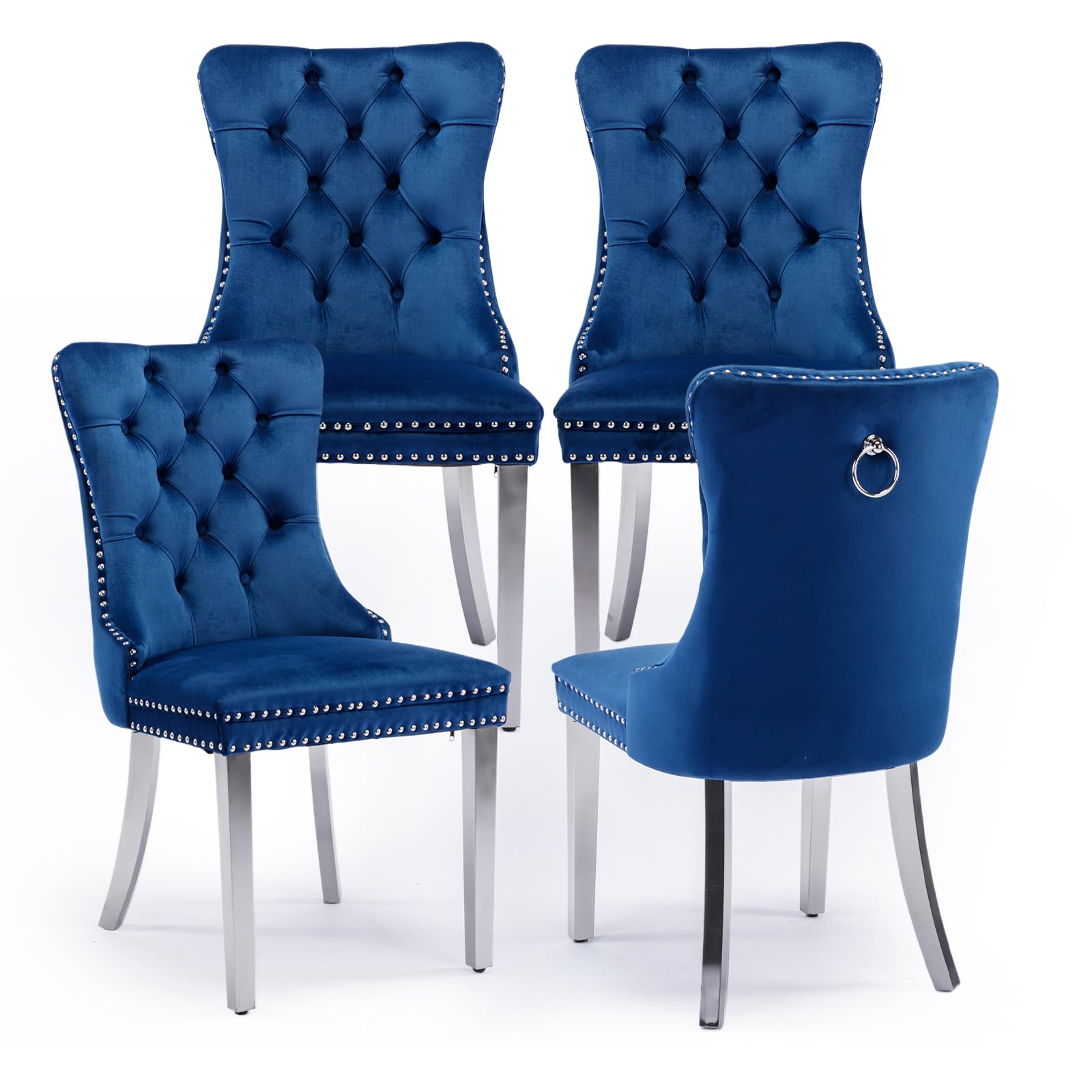 SoarTalent Velvet Upholstered Dining Chairs Set of 4, Modern Style Kitchen Side Chairs with Nailhead Trim and Silver Plated Leg, Metal Pulling Ring