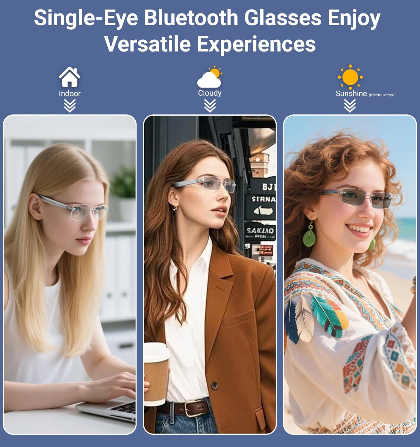 Smart Glasses,Rimless Photochromic Bluetooth Glasses with Speaker&Open-Ear HD Sound Mic- UV400 Protection, Voice Control & Hands-Free Calls,Unisex Safety Sunglasses for Music/Driving