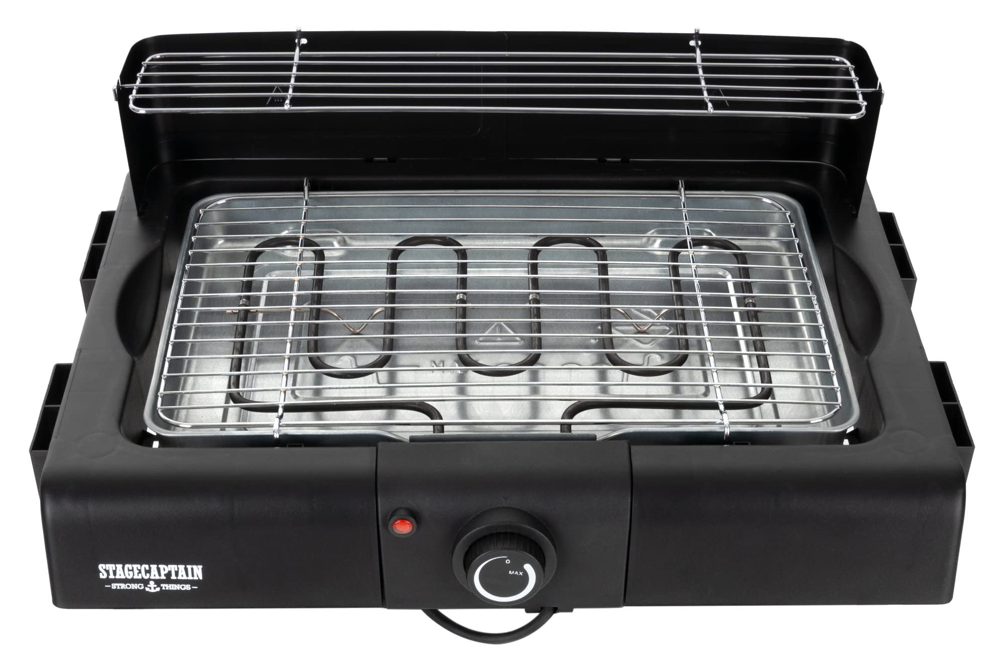 Stagecaptain EBBQ-2000 Grill Électrique 2000W 3en1 - Table/Pied, Grille & Plaque, Intérieur/Extérieur, Antiadhésif, Bac à Graisses, Réglage Continu.