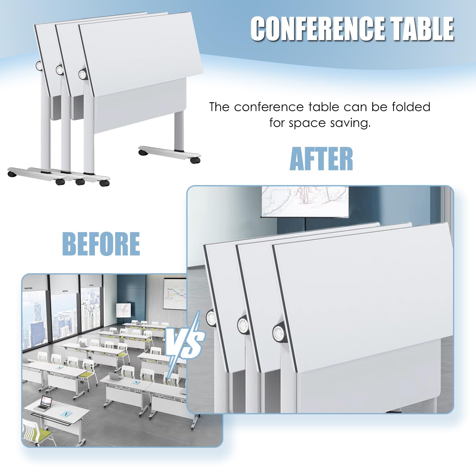 Tragbarer, klappbarer Konferenztisch, weiß, mit leisen Rollen, ideal für Büroseminare, Meetings und vielseitige Nutzung. Platzsparendes Design.