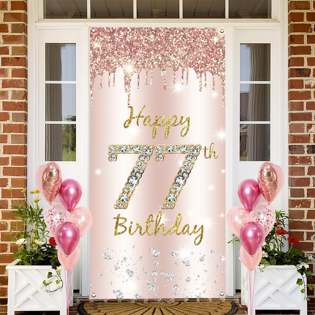 Dekoracja na 77. urodziny kobiety, Happy 77th Birthday Door Banner różowe złoto, 77. urodziny tkanina tabliczka plakat dekoracja drzwi, 77. urodziny tło baner damski, przyjęcie urodzinowe tabliczka