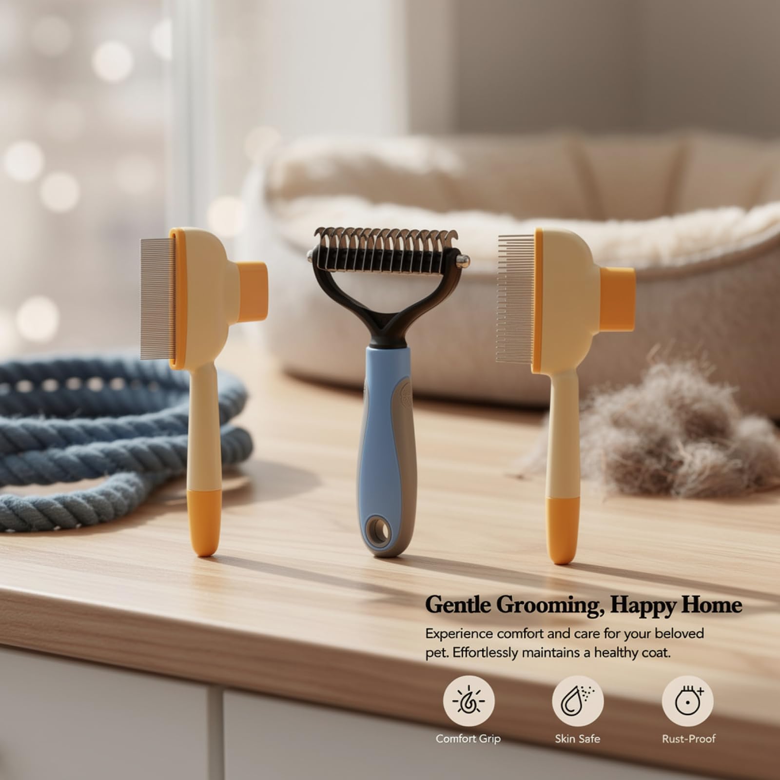 Juego de 3 piezas de cuidado de mascotas con peine antipulgas para gatos y perros, cepillo autolimpiante para mascotas, peine desenredado, dentado largo y corto, mango ergonómico, amarillo y azul