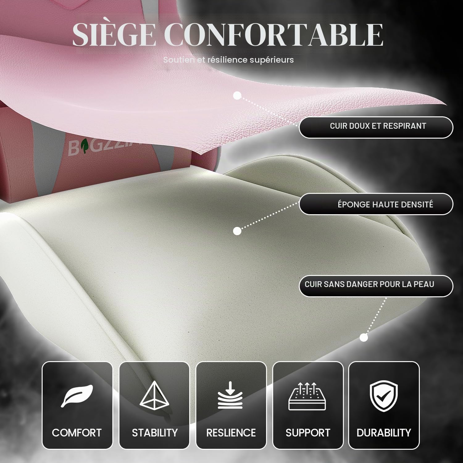 bigzzia Chaise Bureau Chaise Gaming Ergonomique en PU Cuir, Hauteur Réglable, avec Coussin Lombaire et Appui-Tête, Fauteuil Gamer Confortable pour Adultes, Filles et Garçons (Blanc et Rose)