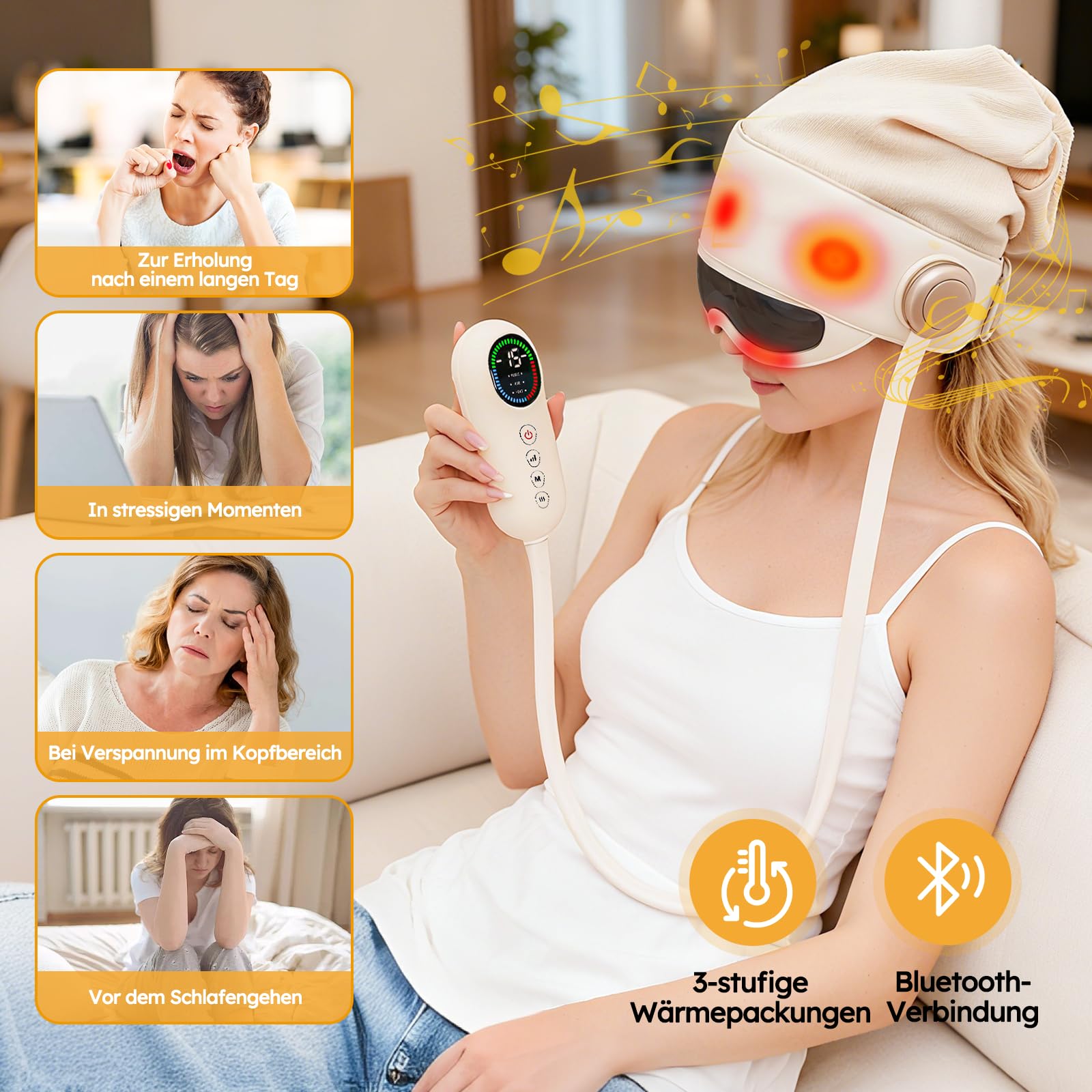Masajeador de cabeza eléctrico 2 en 1 con cojín de aire de 5 zonas y calor ocular, con 4 modos de masaje y compresa térmica de ojos de 3 niveles para aliviar el estrés, el mejor regalo