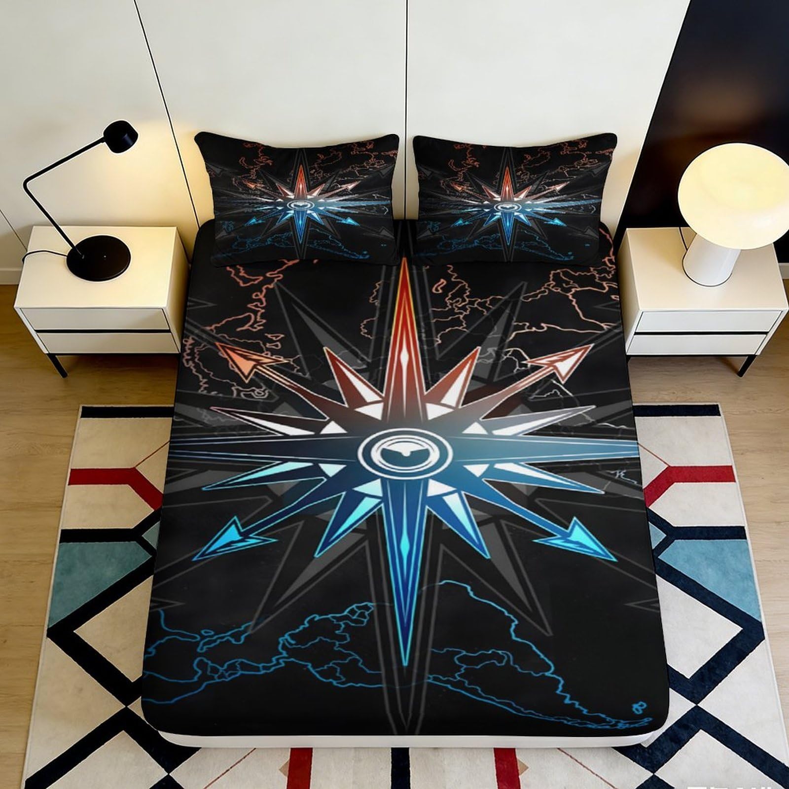 Uxinyoume Style-8 3D Printed Compass Star Fitted Sheet Microfiber Soft Anti-Slip Galaxy Map Mattress Cover Bedroom Dorm Decor 90X200x25cm