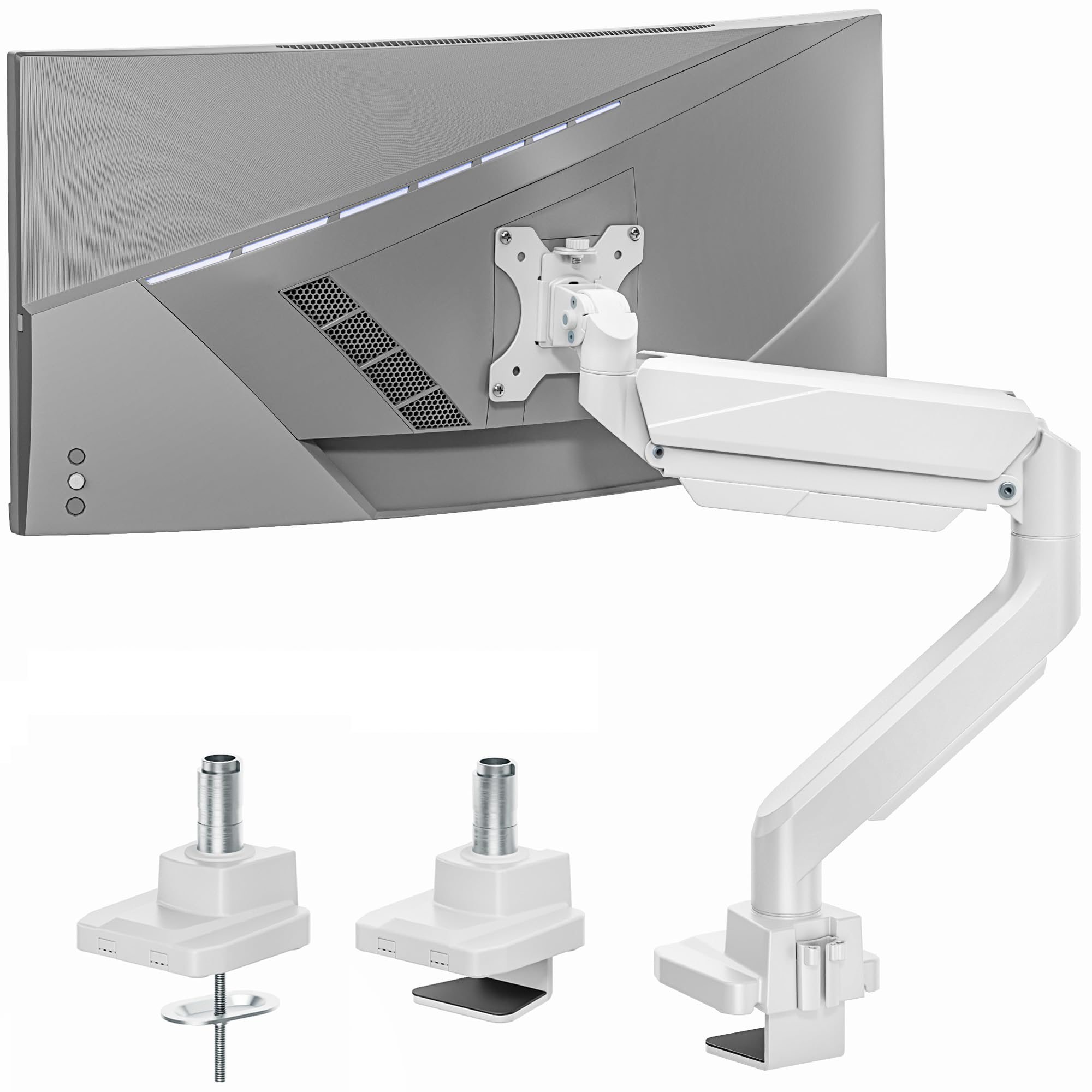 ARES WING Soporte Monitor para Pantallas Planas y Curvas de 17-45", Brazo Monitor Carga máx. 18 kg, Soporte Escritorio Altura Regulable, VESA 75/100 mm, Blanco