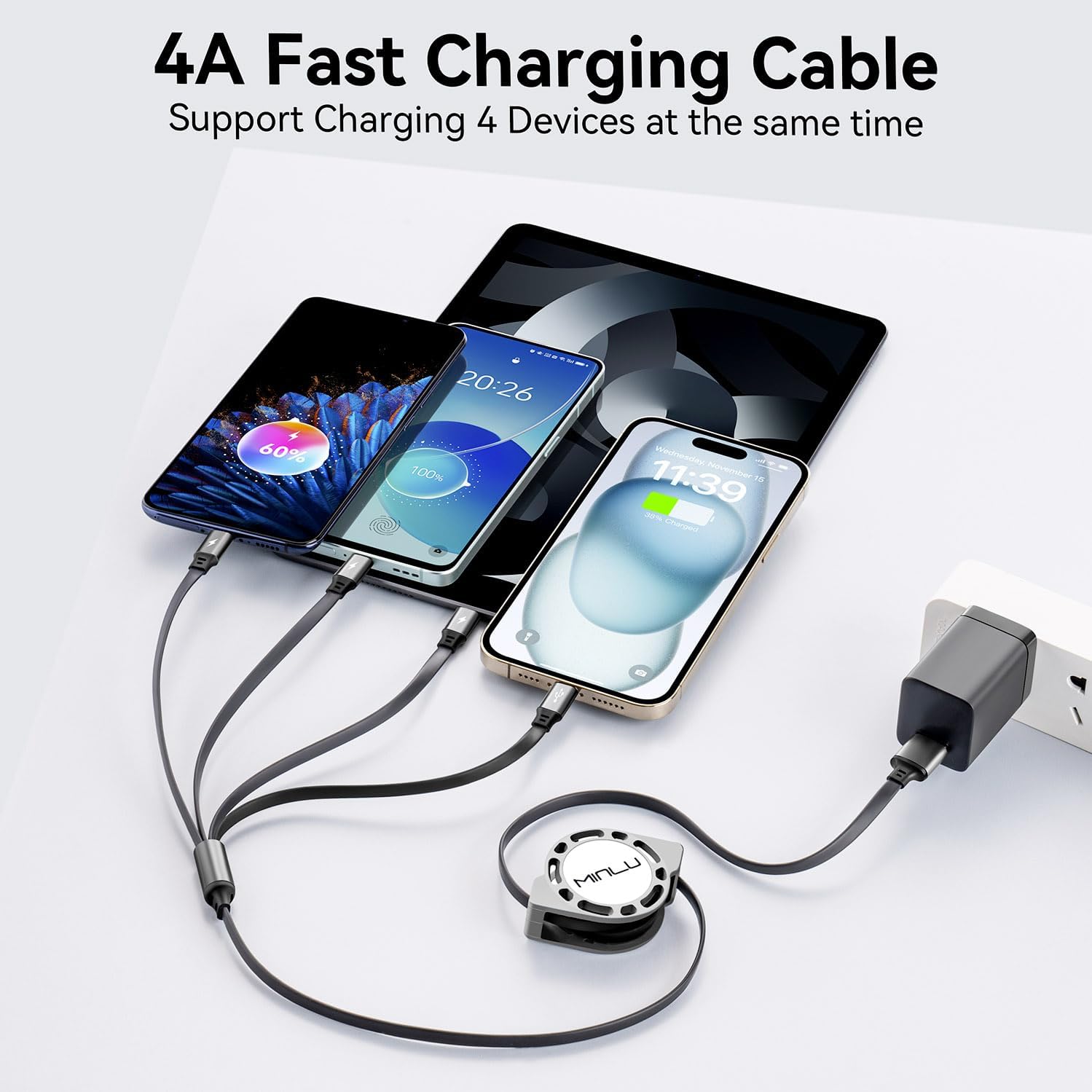 Cavo Multifunzione IPhone Android Cavo Lightning Spirale 4 In 1 Per Auto | 1.2m, Retrattile | Ricarica Rapida 3A, Compatibile Con CarPlay E Android Auto Iphone 15