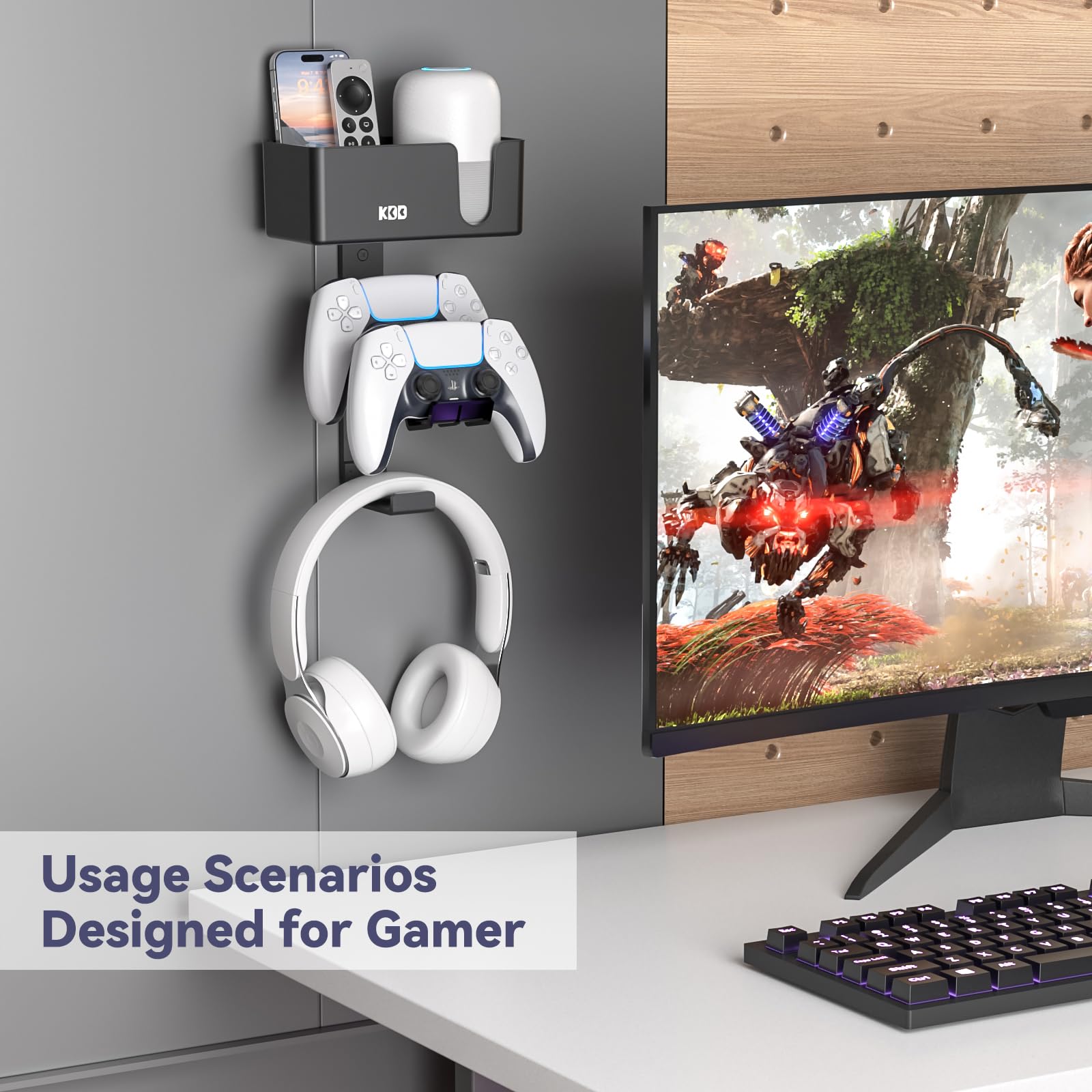 KDD Doble Soporte Mando Pared 4 en 1, Soporte para Controlador y Porta Auriculares Gaming con Almohadillas Antideslizantes, Desmontable Gancho Controlador de Pared para PS5/PS4/Xbox/Nintendo Switch