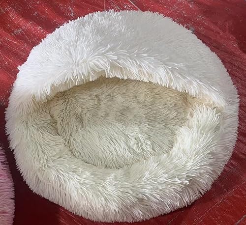 Cama pequeña para perros y gatos, cama redonda calmante en forma de dona, cama cueva antiansiedad con manta con capucha para calidez y seguridad,