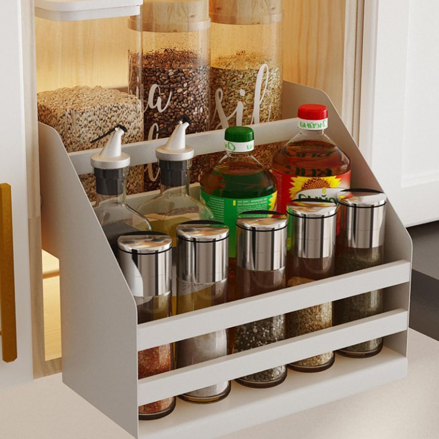 WDSOPK 2 Tier Pull Down Rack for Kitchen Cabinets Heavy Duty Stainless Steel Spice & Storage Tray Upper Cabinet Space Saver Kitchen System