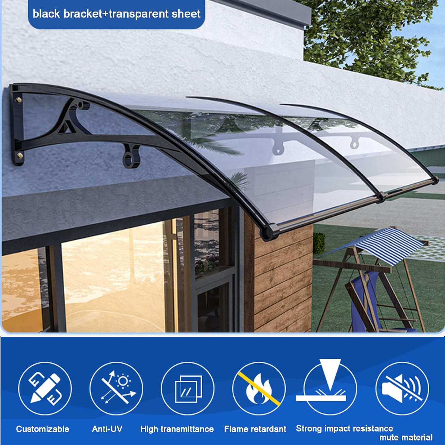 Outdoor Awning Porch Awning,Sturdy Front Door Canopy,Metal Window Awning,Transparent Polycarbonate Board Thickness 3 Mm,Modern Garden Canopy Rain Snow Protection (60x100cm/24 x39)