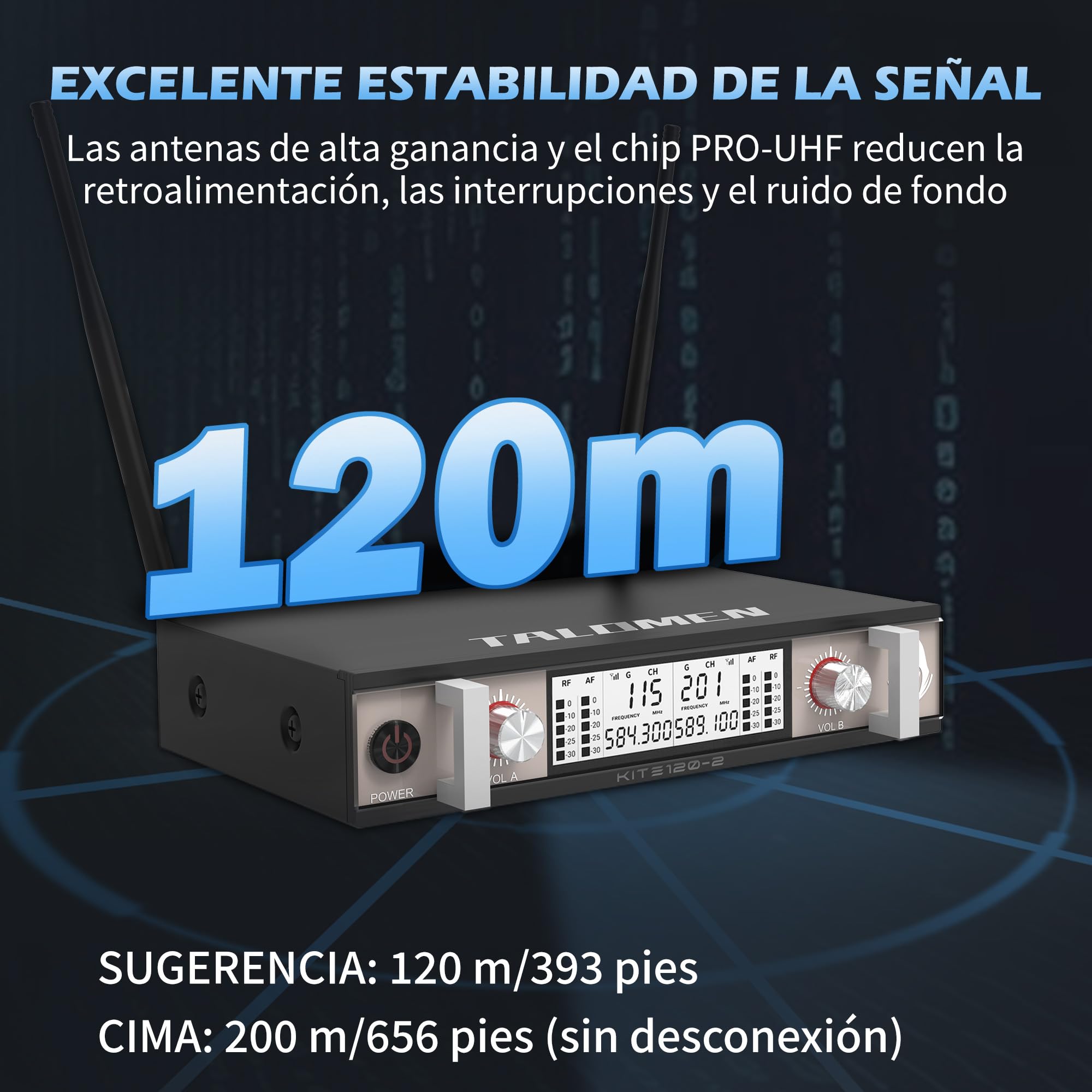 talomen Micrófono Inalámbrico UHF, Set de 2 Micrófonos Dinámicos de Mano de Metal, Auto Scan, Alcance 120 m, Receptor de Doble Canal, Ideal para Canto, Karaoke, Fiestas, DJ, Iglesia – K120 Negro